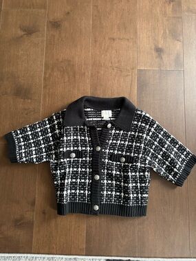 H&M Black & White Tweed Polo Cardigan